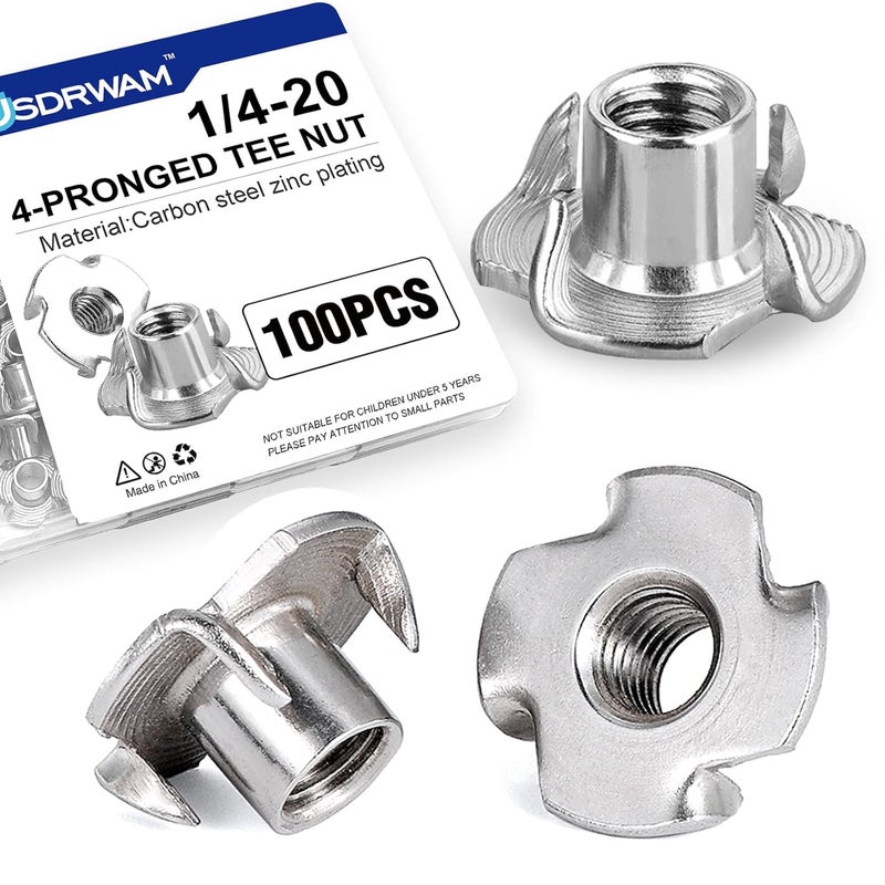 Usdrwam 100 Pack 1/4"-20 T Nuts for Wood, Zinc-Plated Carbon Steel 4-Prong Tee Nuts for Furniture, Cabinets, and Rock Climbing Holds - Image 1